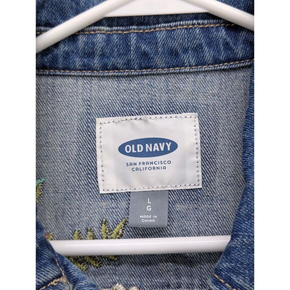 Old Navy Floral Embroidered Denim Jacket Size XL Button Up Trucker Jean Bohemian - Picture 13 of 14